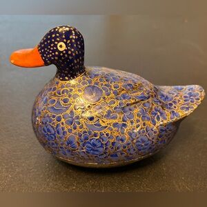 Vtg Kashmir Blue Duck Trinket Box Hand Painted Wood/Paper Mache 4 oz 5.5” x 4”